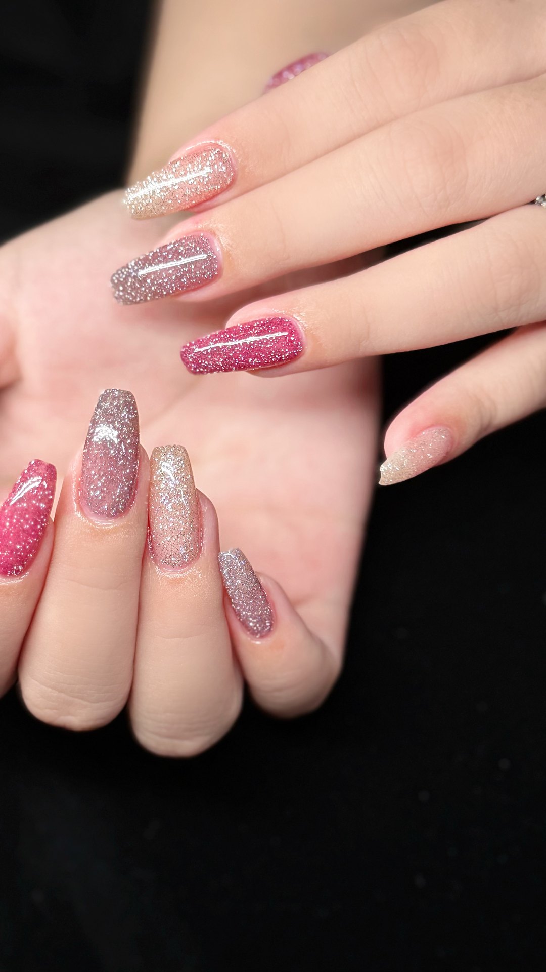 Glitter ombre coffin Gel-X manicure in pink, silver and rose at L2 Nail Salon Mountain View