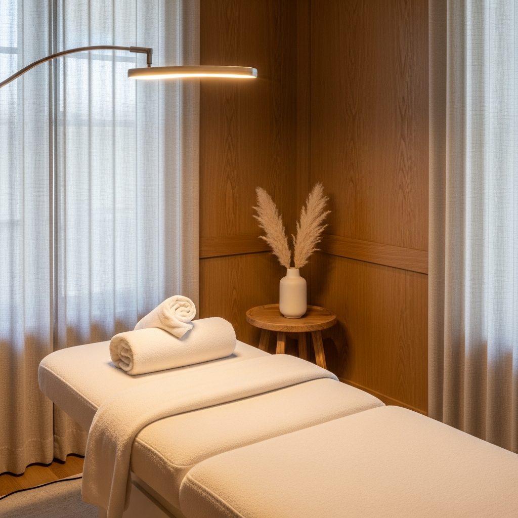 Private lash treatment room interior — cream lash bed, warm lamp and dried botanicals at Pure Hair Spa Mountain View