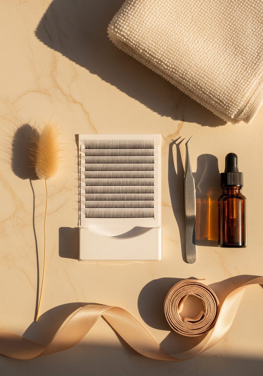 Editorial flat-lay of a premium lash extension tray, fine tweezers and folded cream towel on warm marble — Pure Hair Spa Mountain View