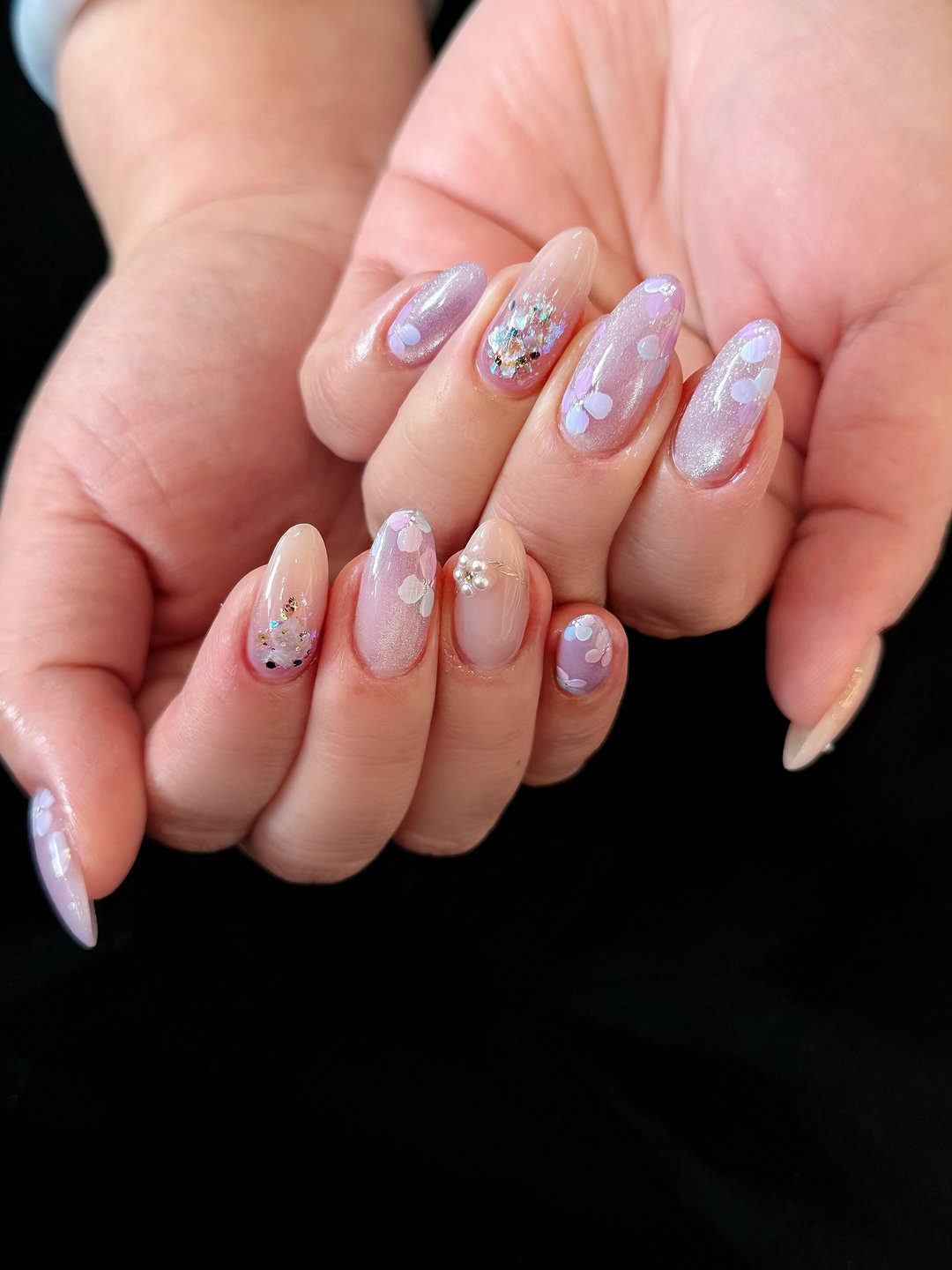 Lavender marble Gel-X with crystal sparkles at L2 Nail Salon Mountain View