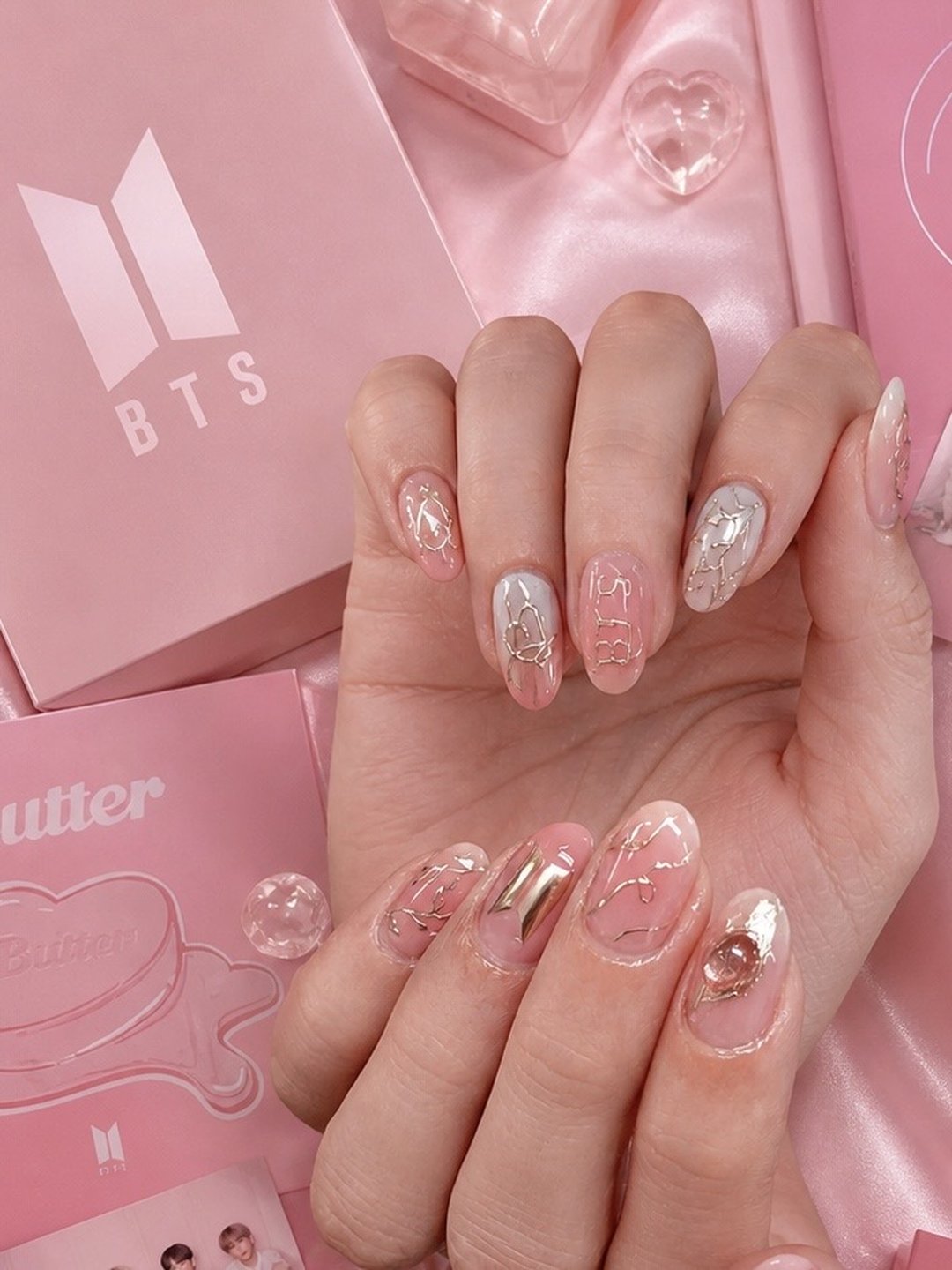 Pink almond Gel-X with hand-painted art at L2 Nail Salon Mountain View