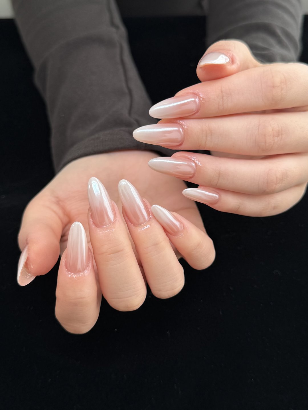 Smoky dark almond Gel-X with sparkle finish at L2 Nail Salon Mountain View