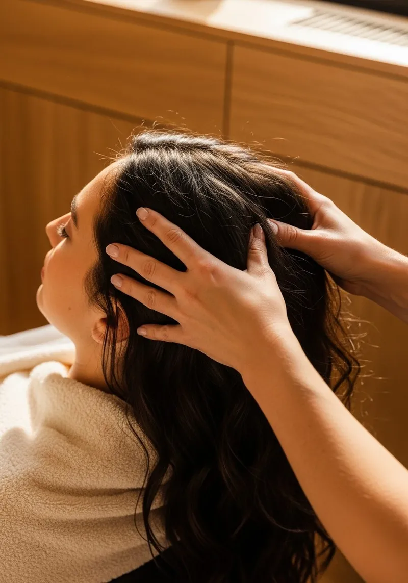 Therapist performing a structured scalp massage during a head spa at Pure Hair Spa Mountain View