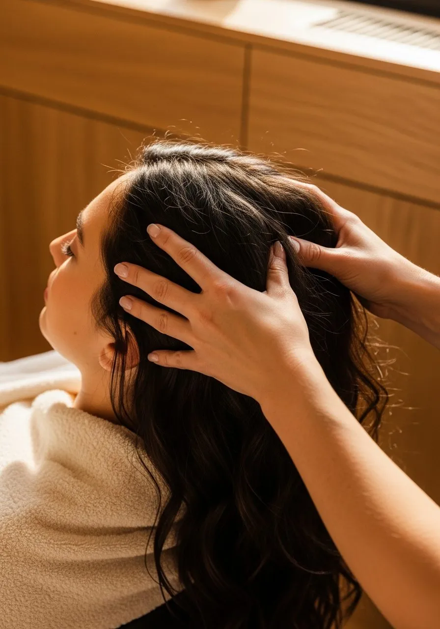 Therapist performing a scalp treatment massage at Pure Hair Spa, 12 minutes from Palo Alto
