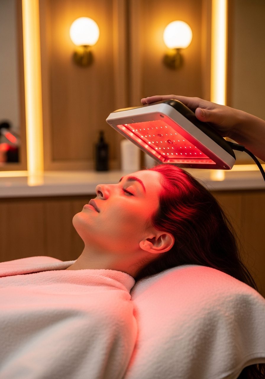 Reclined client receiving LED red infrared light therapy for hair regeneration at Pure Hair Spa Mountain View